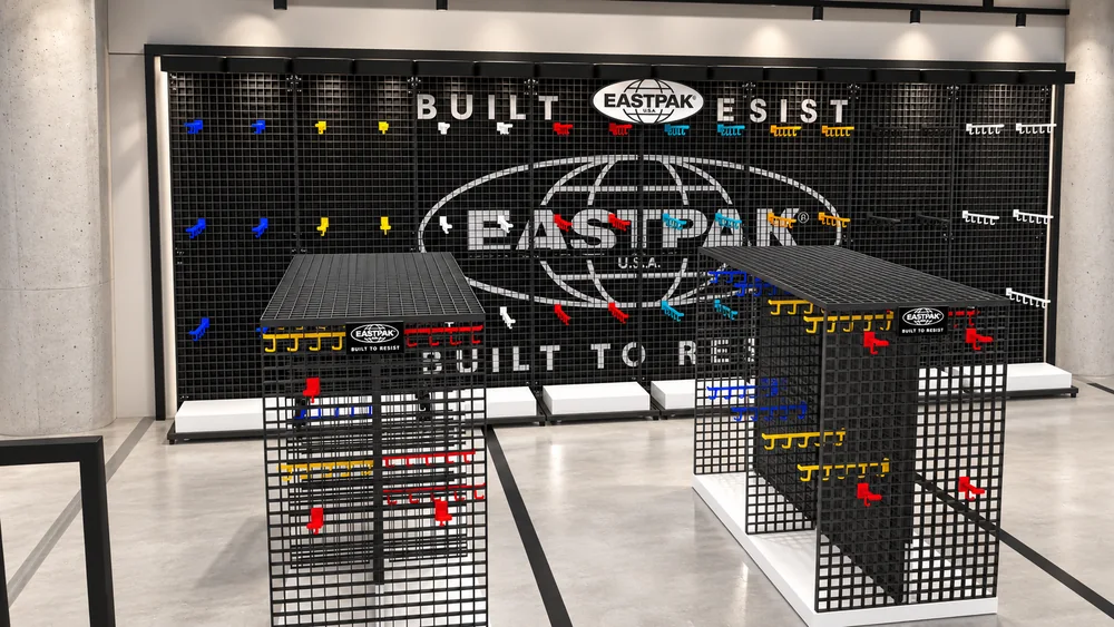 Eastpak - Zone éphémère Citadium : Présentoirs centraux et mur de présentation