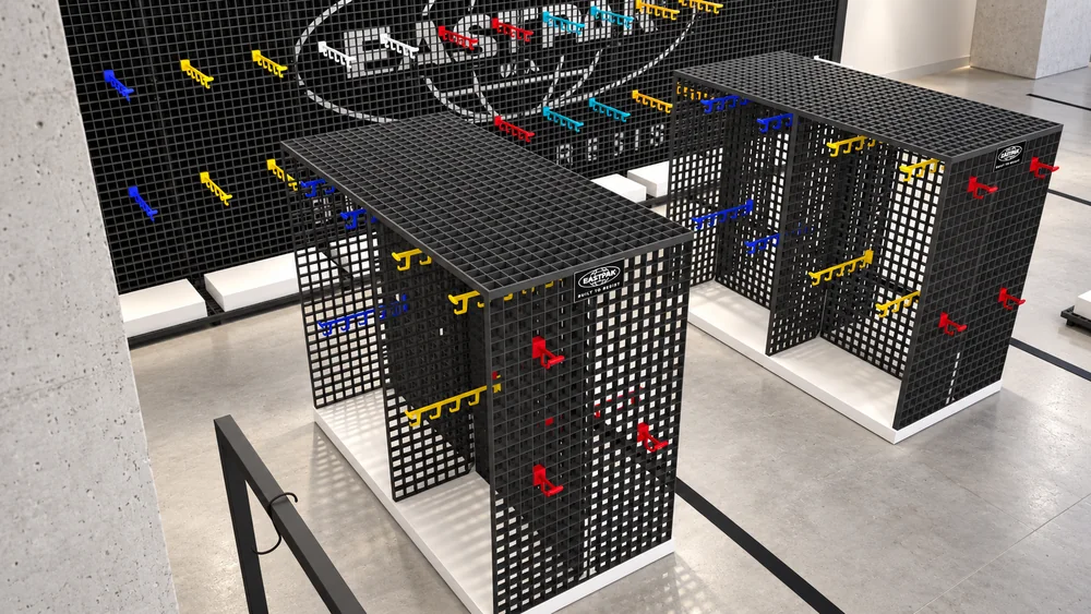 Eastpak - Zone éphémère Citadium : Détail des présentoirs en grille métallique