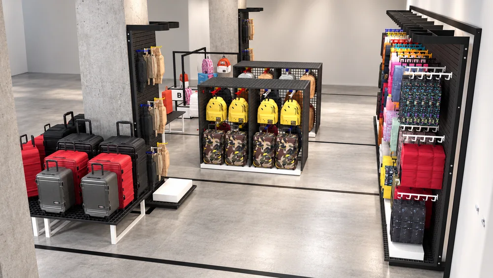 Eastpak - Zone éphémère Citadium : Vue arrière des présentoirs avec produits