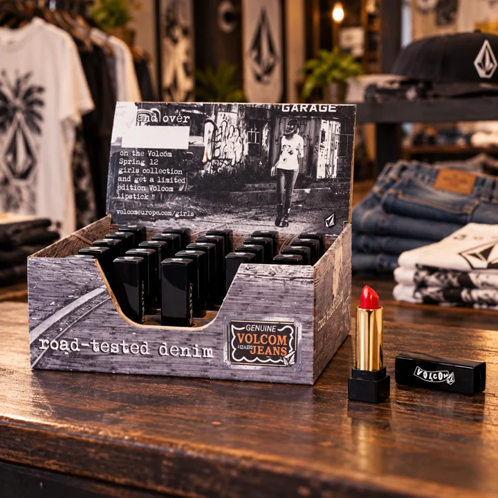 Volcom — Présentoir rouge à lèvres — mise en situation en magasin