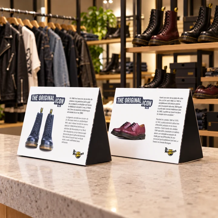 Dr. Martens — PLV triangulaire — mise en situation en magasin