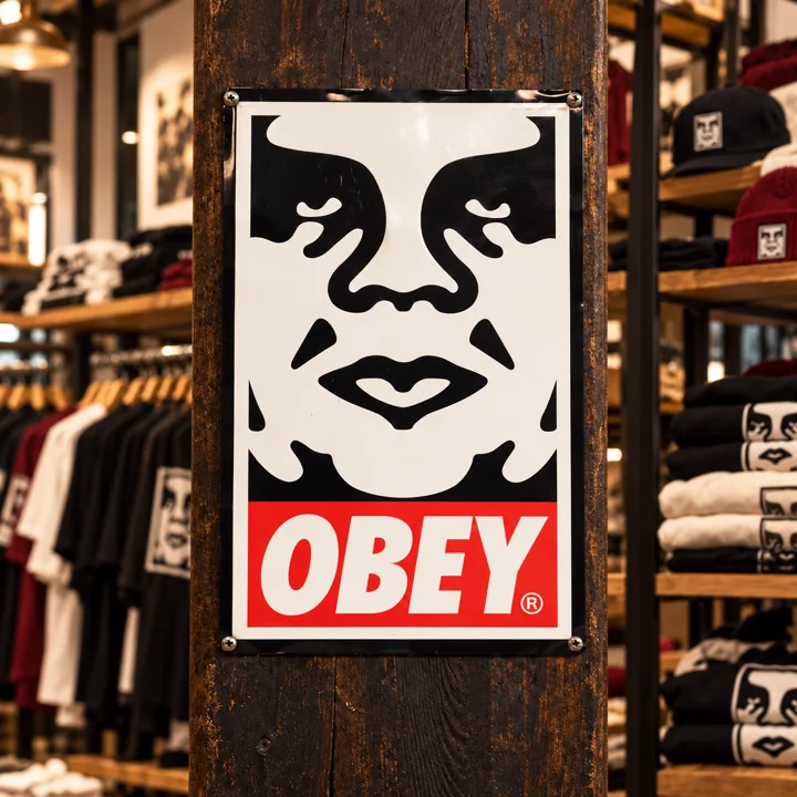 Obey — Plaque embossée — mise en situation en magasin