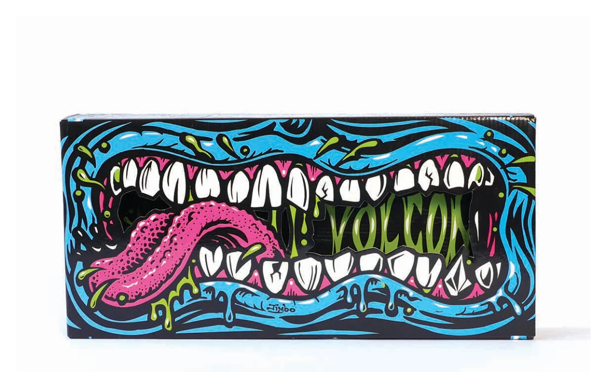 PLV Volcom × Jim Phillips en carton, bouche illustrée en relief